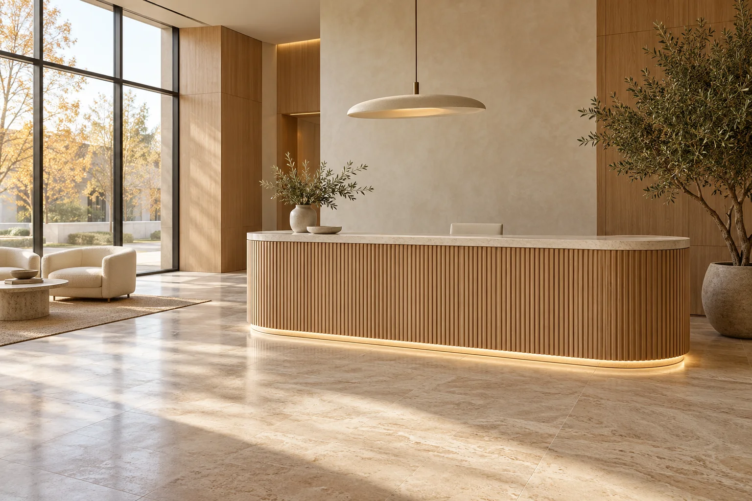 Sculptural oak reception desk in a sunlit contemporary lobby